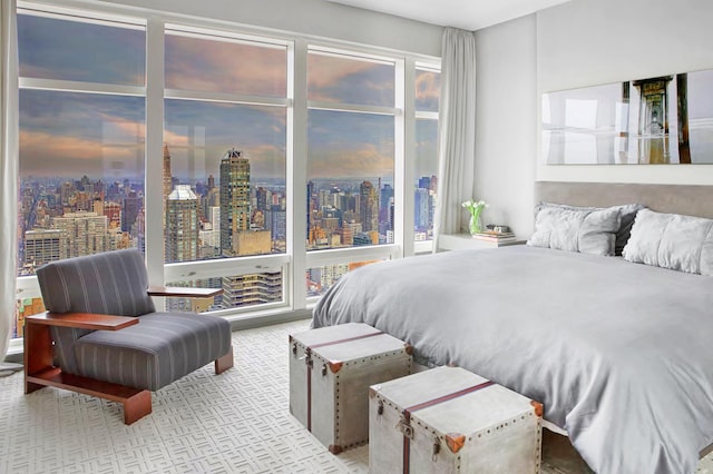 carpeted bedroom with a city view