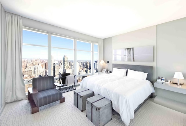 carpeted bedroom featuring a view of city and multiple windows