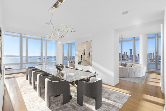 dining room with a notable chandelier, light wood-type flooring, and a water view