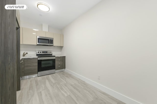 kitchen with sink, stainless steel appliances, and light wood-type flooring