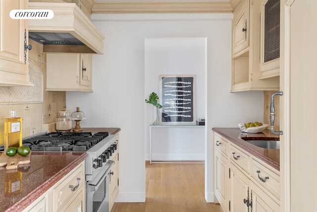 kitchen with high end stainless steel range oven, premium range hood, sink, and cream cabinetry