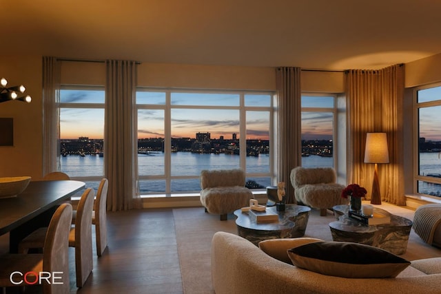 living room with a water view and hardwood / wood-style flooring