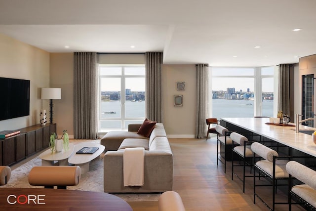 living room featuring a water view and light wood-type flooring