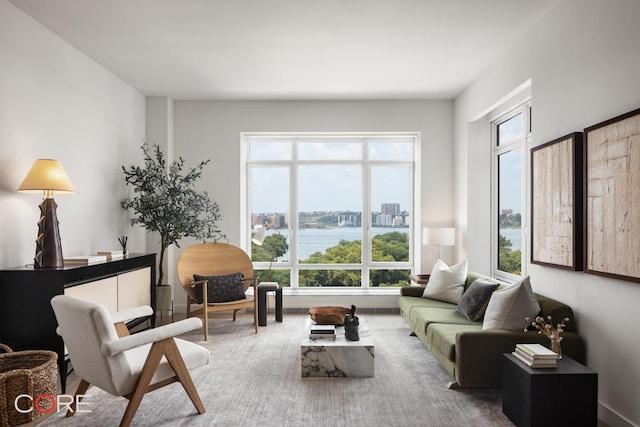 living area with a water view