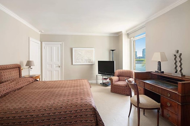 carpeted bedroom featuring ornamental molding