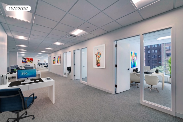 office space featuring carpet floors, baseboards, visible vents, and a paneled ceiling