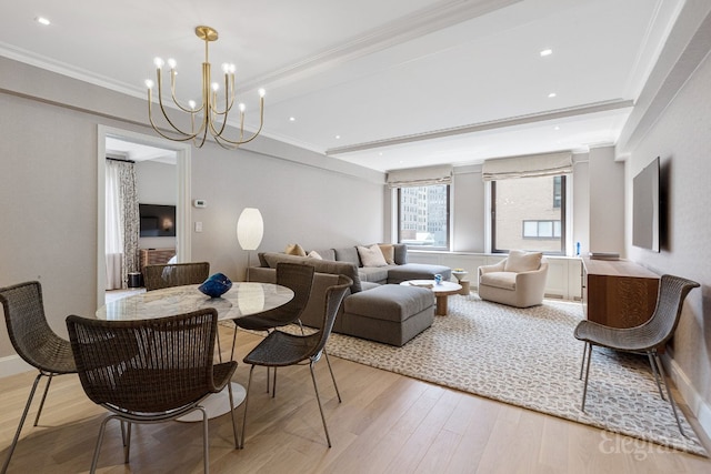 dining area featuring crown molding, hardwood / wood-style floors, an inviting chandelier, and beam ceiling