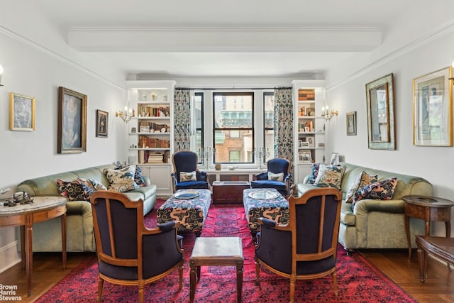 living room featuring beamed ceiling and hardwood / wood-style floors