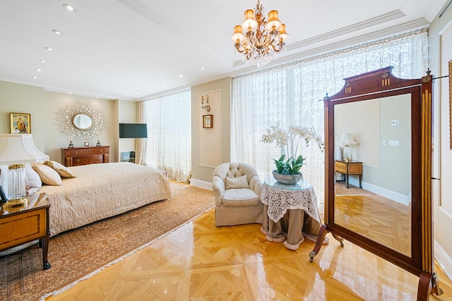 bedroom with recessed lighting, baseboards, crown molding, and an inviting chandelier