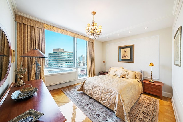 bedroom with baseboards, an inviting chandelier, and crown molding