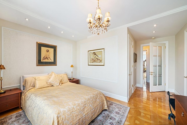 bedroom featuring an inviting chandelier, crown molding, recessed lighting, and baseboards