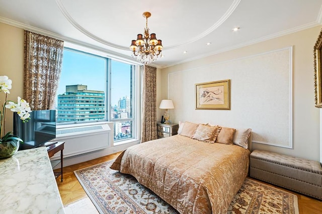 bedroom featuring ornamental molding, light parquet flooring, and a chandelier