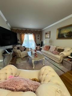 living room with wood-type flooring and ornamental molding