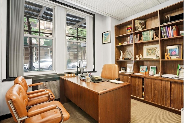 carpeted office space featuring radiator heating unit