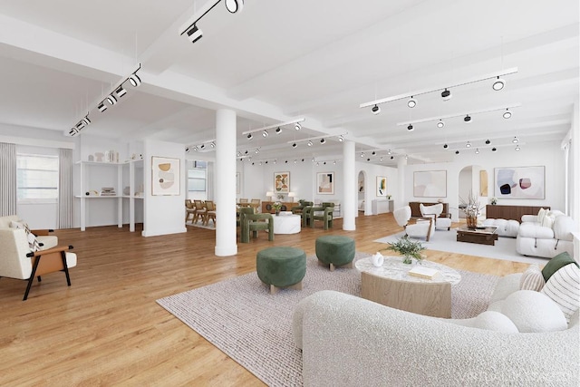 living room featuring hardwood / wood-style flooring and track lighting