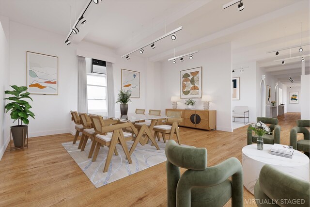 dining room with rail lighting and light hardwood / wood-style floors