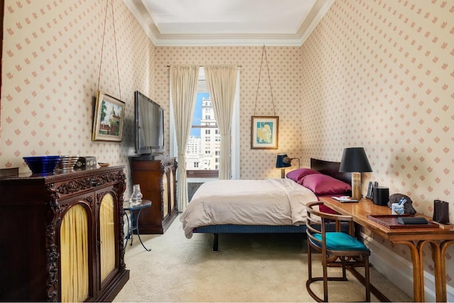 bedroom featuring light carpet and crown molding