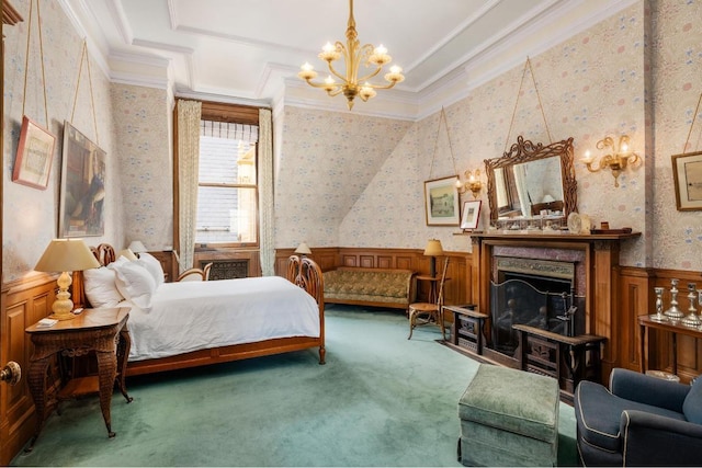 carpeted bedroom featuring ornamental molding and a notable chandelier