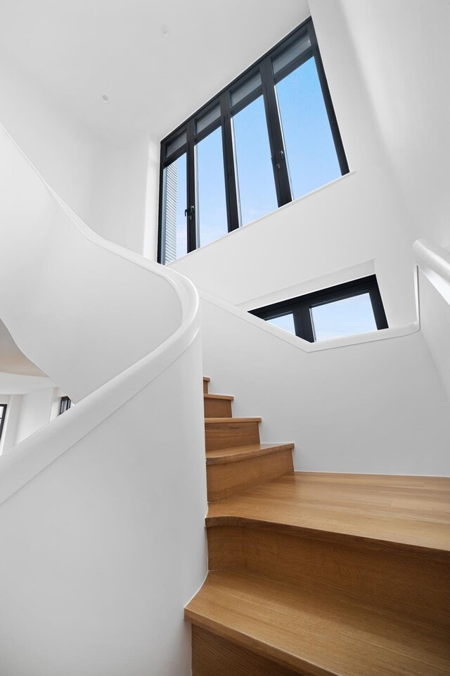 staircase with a towering ceiling