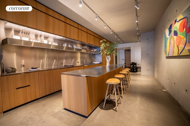 bar featuring stainless steel counters, rail lighting, and sink