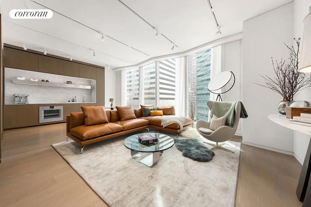 living room featuring track lighting, floor to ceiling windows, and light wood-type flooring