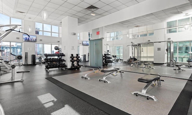 workout area featuring a wealth of natural light, visible vents, and a paneled ceiling