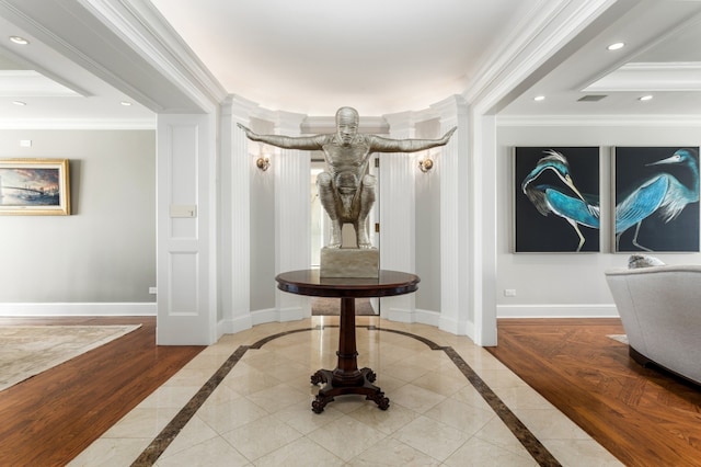 corridor featuring crown molding, recessed lighting, and baseboards