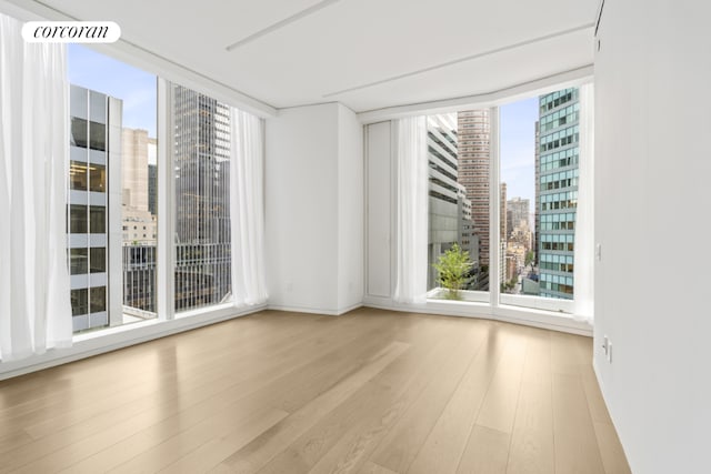 empty room featuring floor to ceiling windows, plenty of natural light, and light hardwood / wood-style flooring