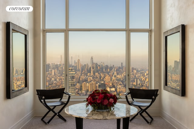 sitting room with a view of city, baseboards, and a wall of windows