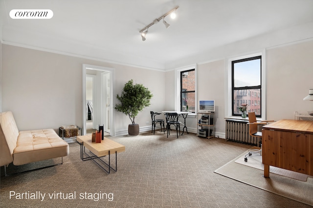 home office featuring radiator, baseboards, visible vents, and ornamental molding