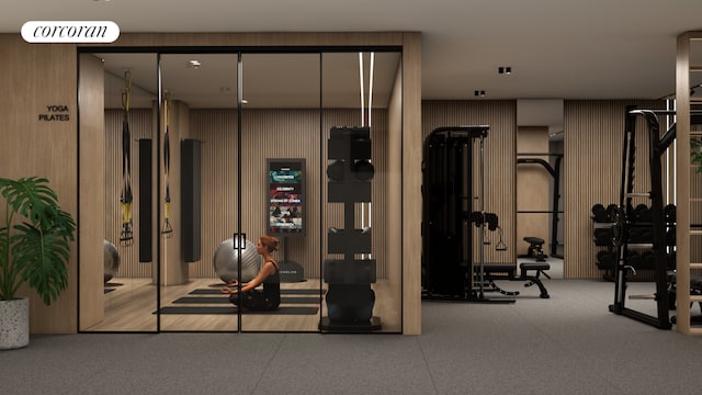 gym with wood walls