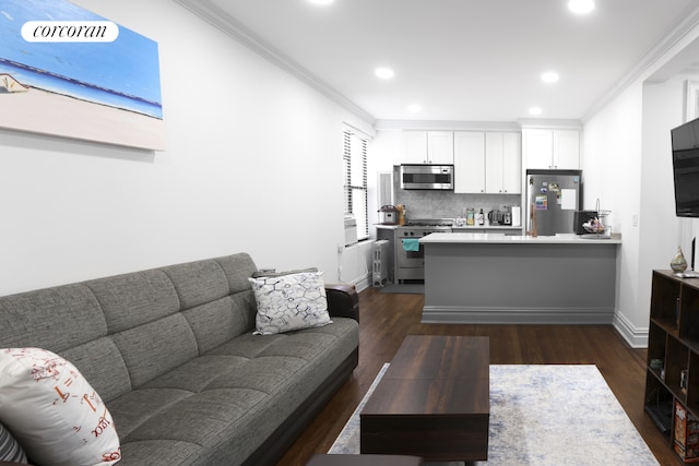 living room featuring ornamental molding, radiator, and dark hardwood / wood-style flooring