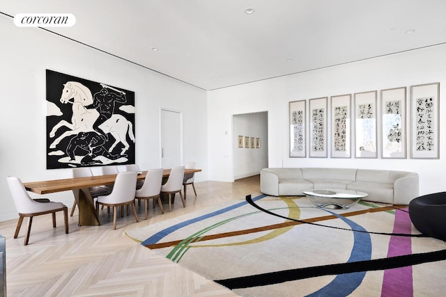 living room featuring light parquet floors