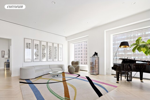 living room with light parquet floors