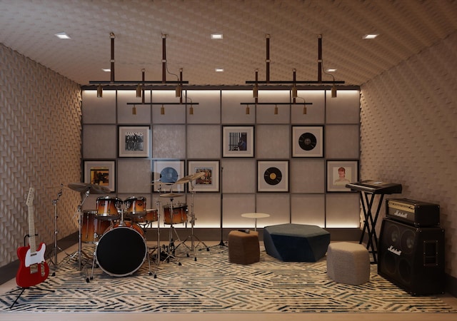 interior space with wallpapered walls and carpet flooring