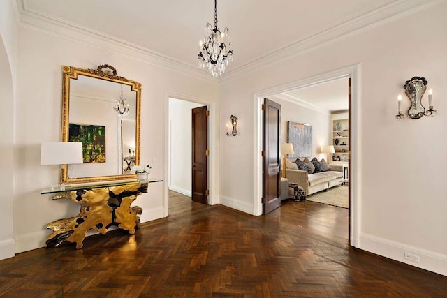 corridor featuring ornamental molding, dark parquet floors, and a chandelier