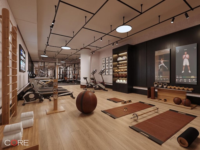 workout area featuring hardwood / wood-style floors and track lighting