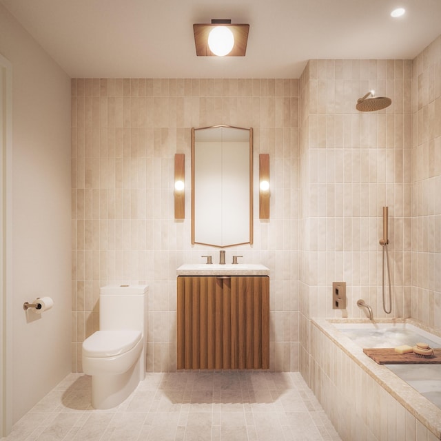 bathroom with toilet, tile patterned flooring, a tile shower, and tile walls