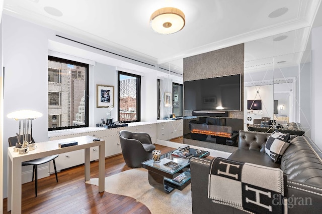 living room featuring wood-type flooring, a large fireplace, and ornamental molding