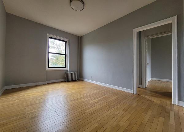 spare room with radiator heating unit and light hardwood / wood-style flooring