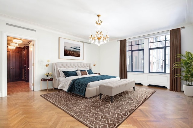 bedroom with an inviting chandelier, parquet floors, and crown molding