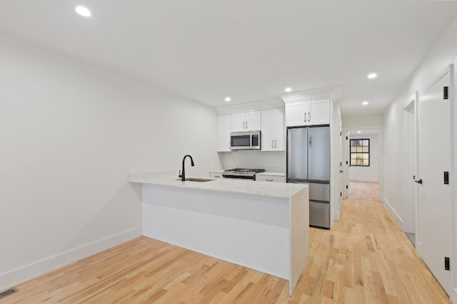 kitchen with sink, white cabinetry, light hardwood / wood-style flooring, kitchen peninsula, and stainless steel appliances