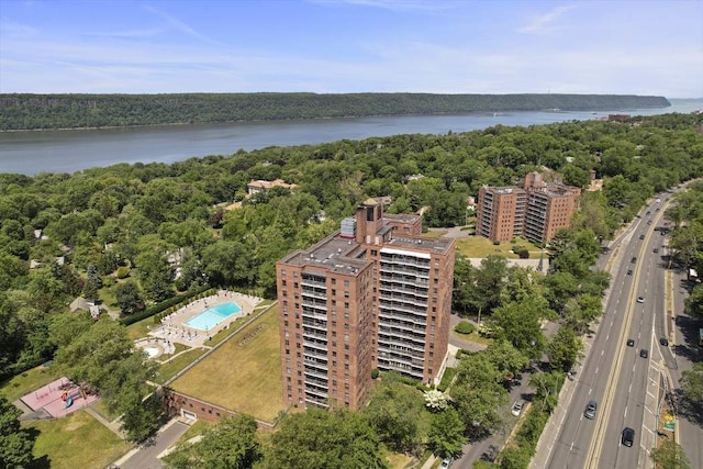 drone / aerial view featuring a water view