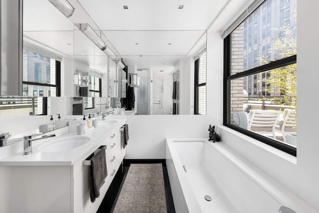 bathroom featuring vanity and plus walk in shower