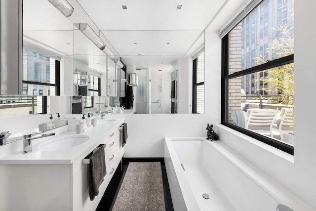 20 Pine St Unit 3001, New York City, NY 10005 - bathroom with a tub, plenty of natural light, double vanity, and a stall shower