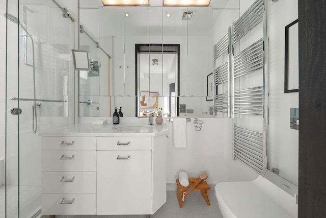 bathroom featuring vanity and a shower with door