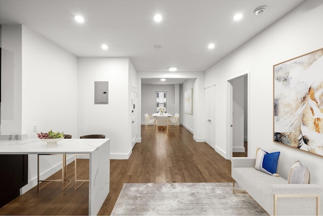 57 W 58th St Unit 6Ab, New York City, NY 10019 - hall with dark wood finished floors, electric panel, and recessed lighting
