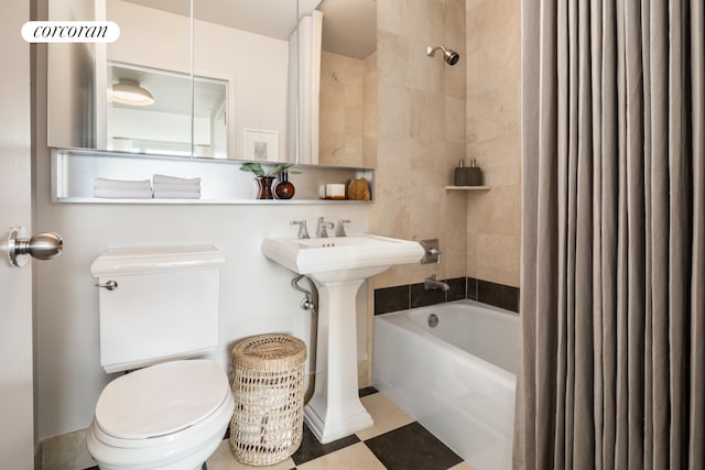 bathroom with toilet and shower / bathtub combination with curtain