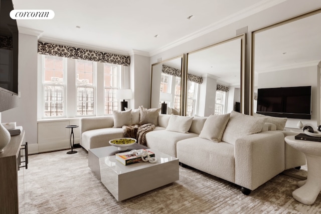 living area featuring ornamental molding and baseboards