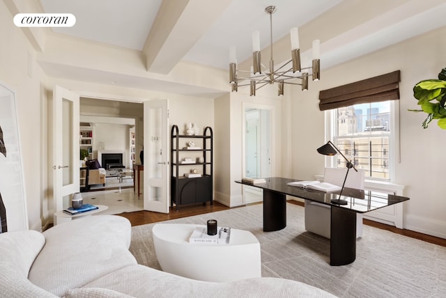 rec room with beamed ceiling, wood finished floors, visible vents, and baseboards